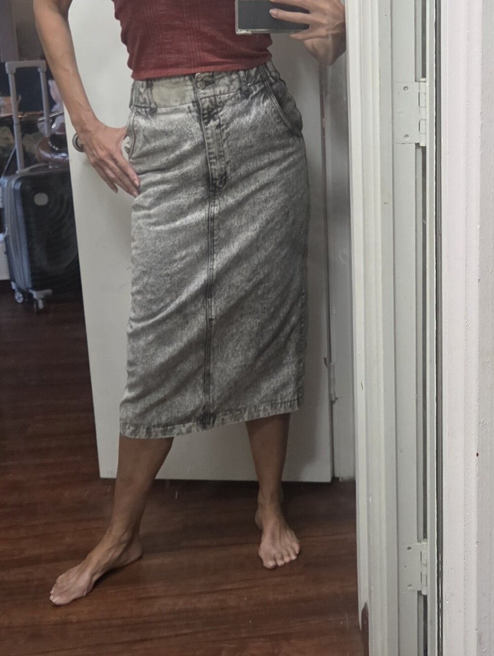vtg Rio by Steven Mardon black ice washed high Rise denim midi skirt